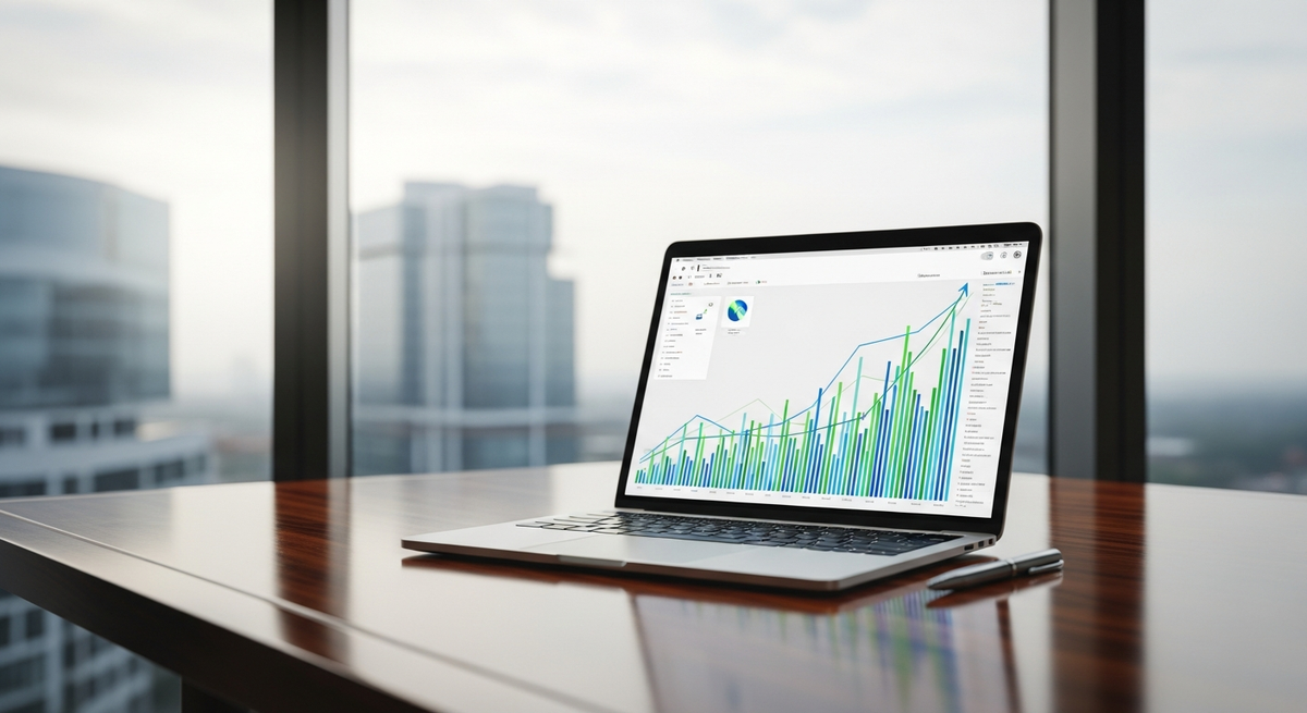 Marketing team celebrating successful campaign launch with positive performance metrics visible on screen