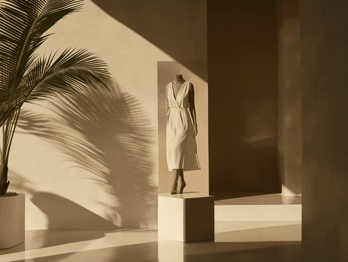 Minimalist room with mannequin in white dress