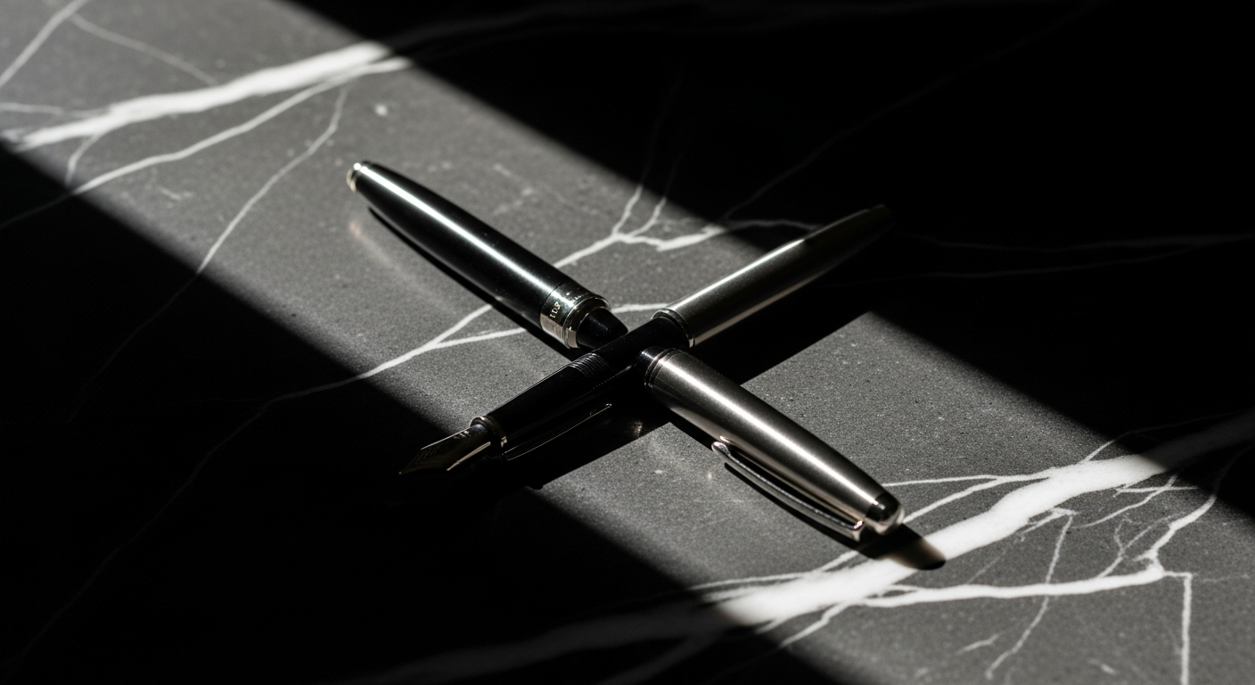 Two elegant fountain pens crossed on dark marble surface with dramatic lighting