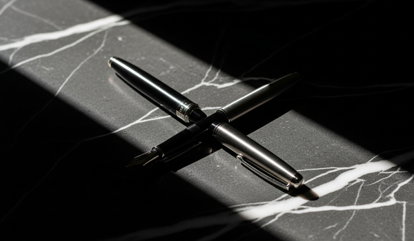 Two elegant fountain pens crossed on dark marble surface with dramatic lighting