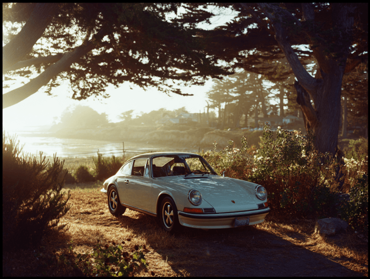 Classic car parked under trees at sunset.