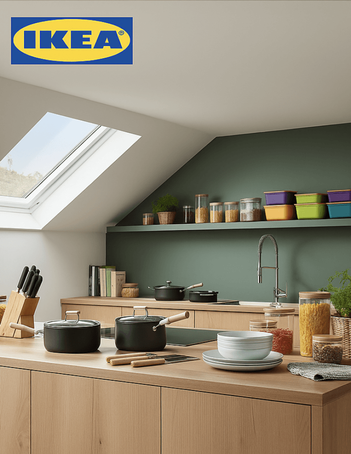 Modern kitchen with cookware and containers near window.