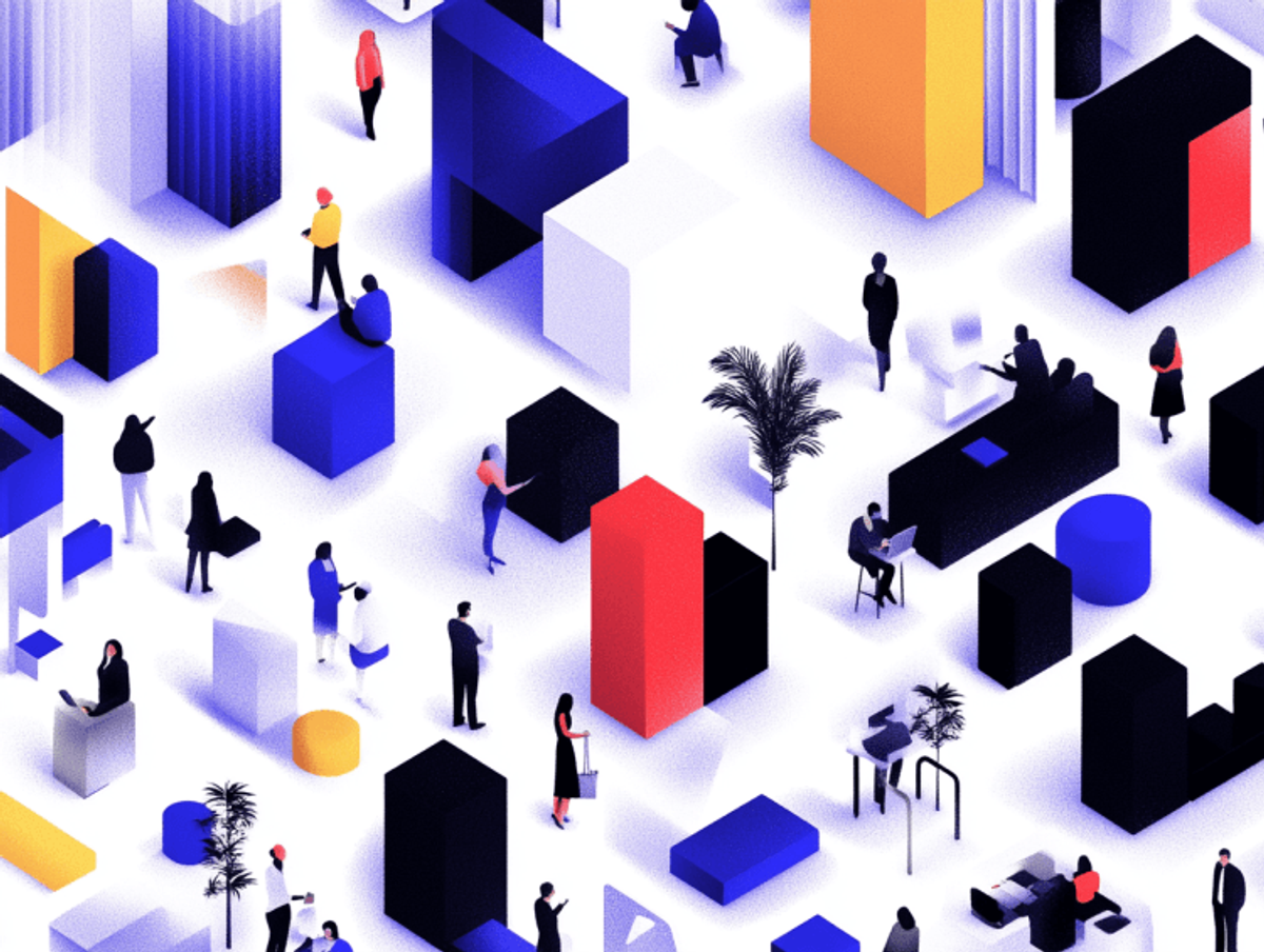 Illustration of people interacting with geometric shapes