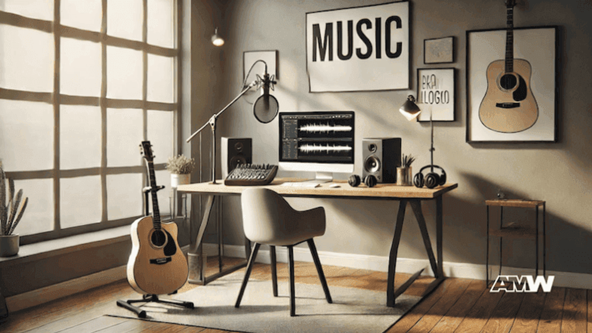 Modern home music studio with guitars and computer.