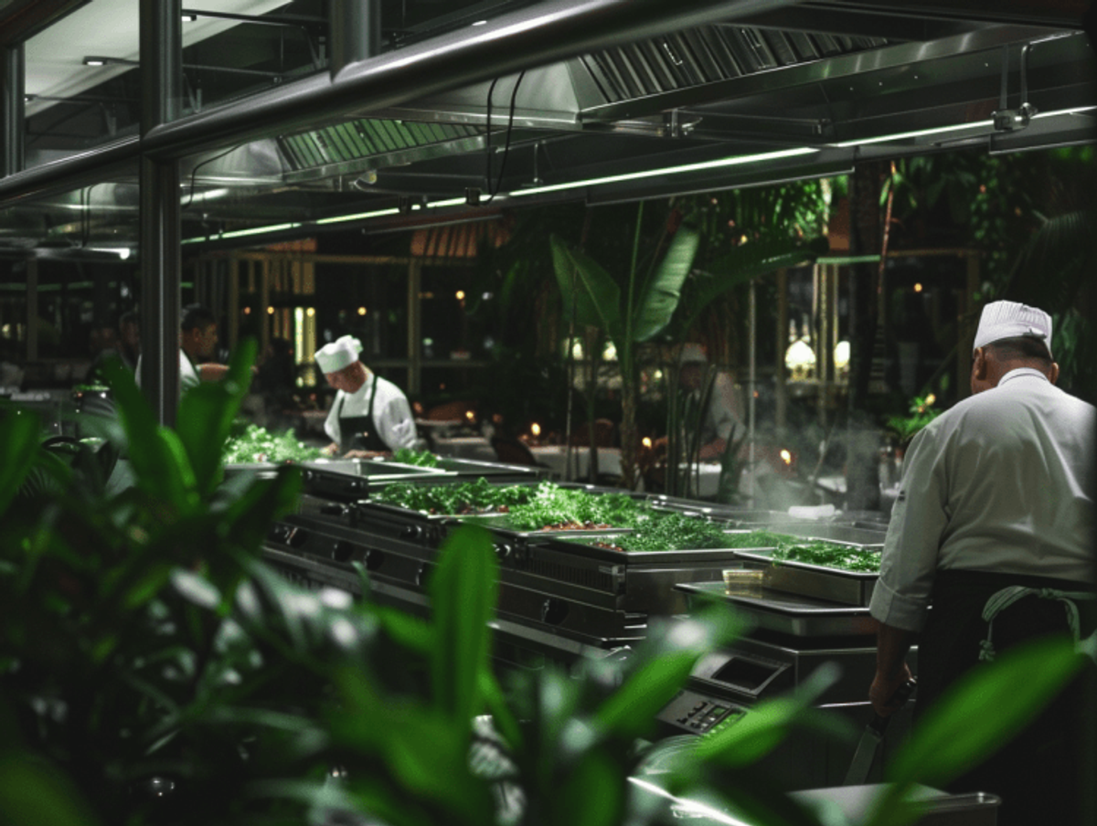 Chefs preparing food in a restaurant kitchen.
