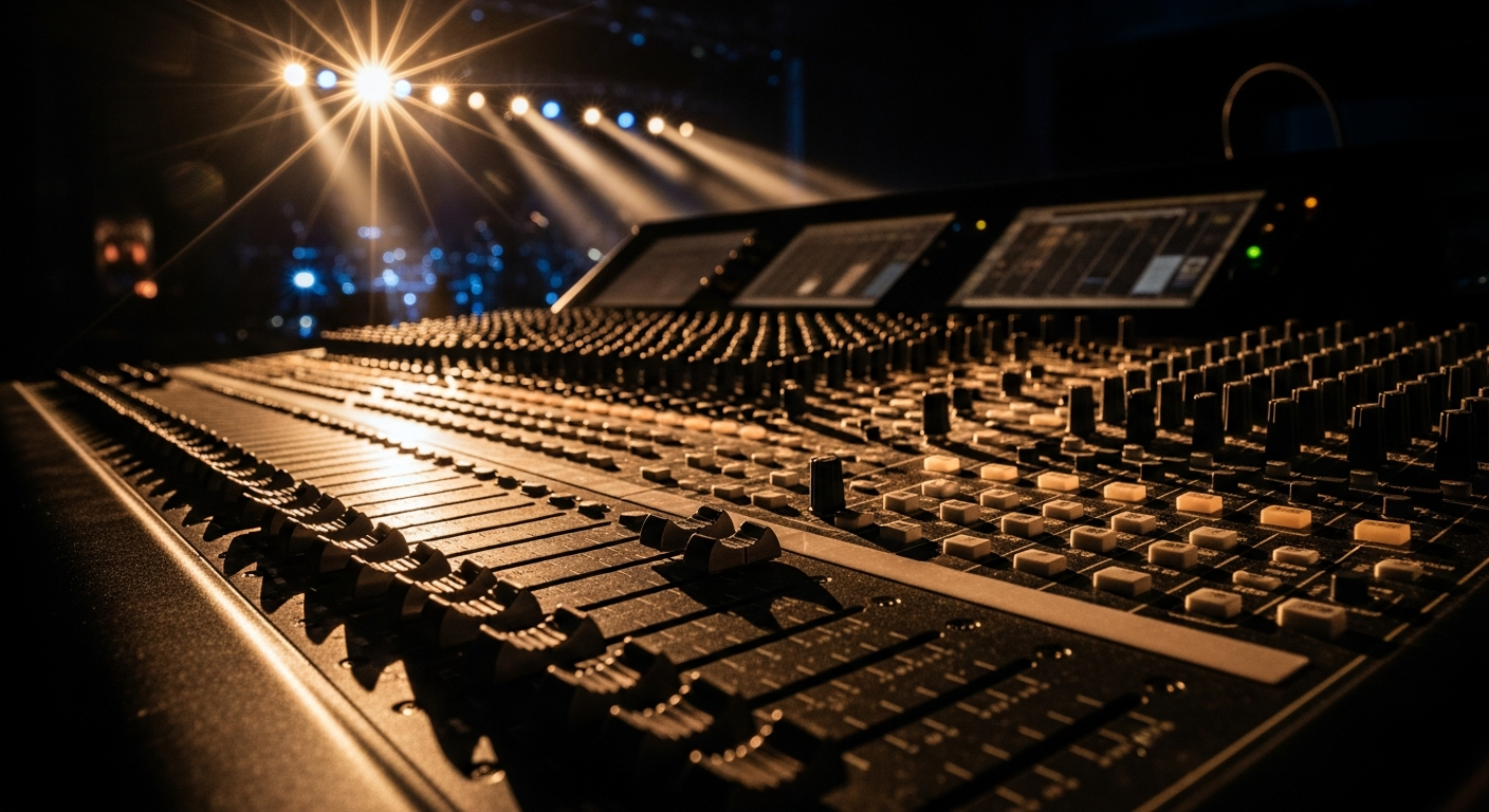 Professional sound mixing console with illuminated controls and stage lights — choosing between event production and AV rental services