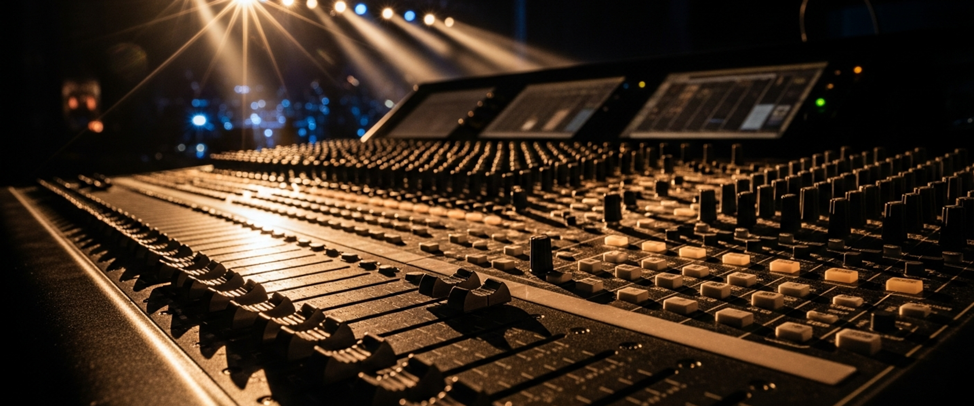 Professional sound mixing console with illuminated controls and stage lights — choosing between event production and AV rental services