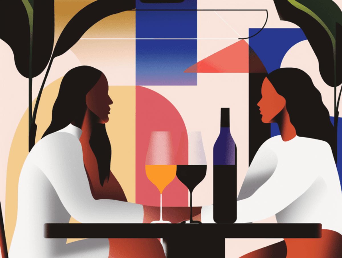 Abstract art of two people dining together