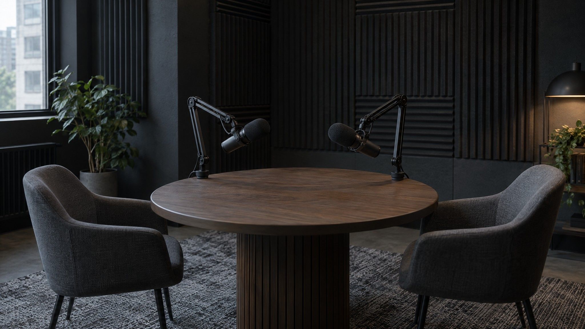 Podcast booth with two microphones over a round table