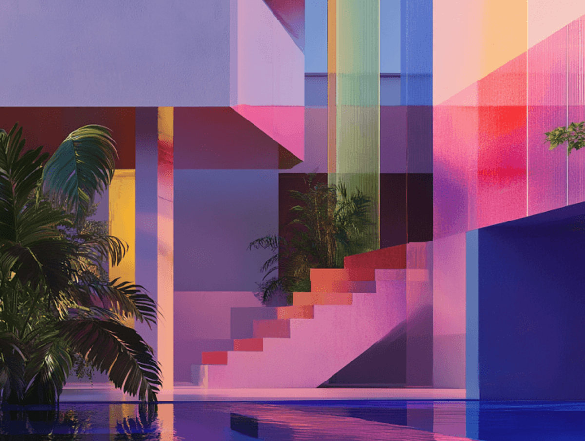 Colorful modern architectural abstract with plants and stairs.