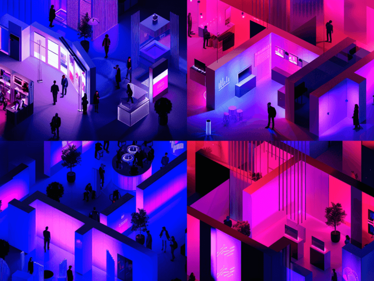 Futuristic neon-lit exhibition hall with visitors.