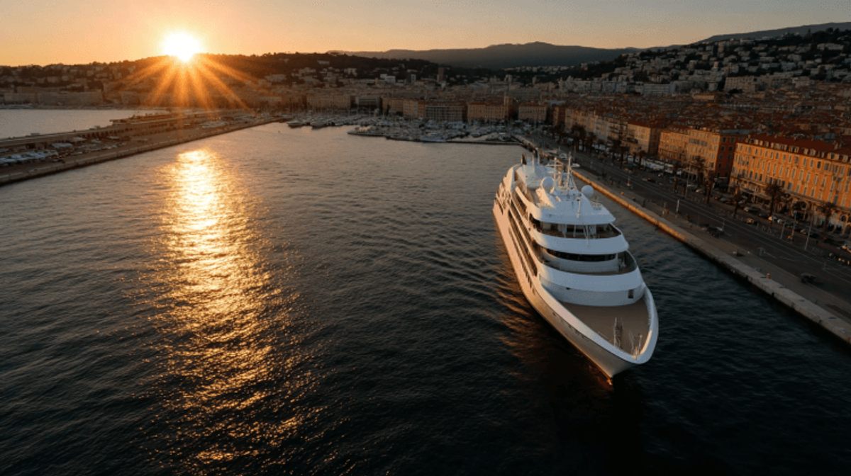 Sunset view of yacht in harbor
