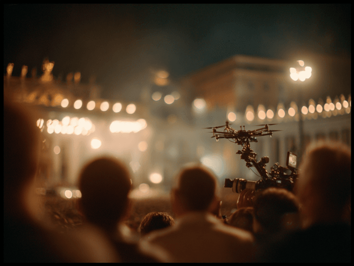 Drone filming nighttime crowd at illuminated event