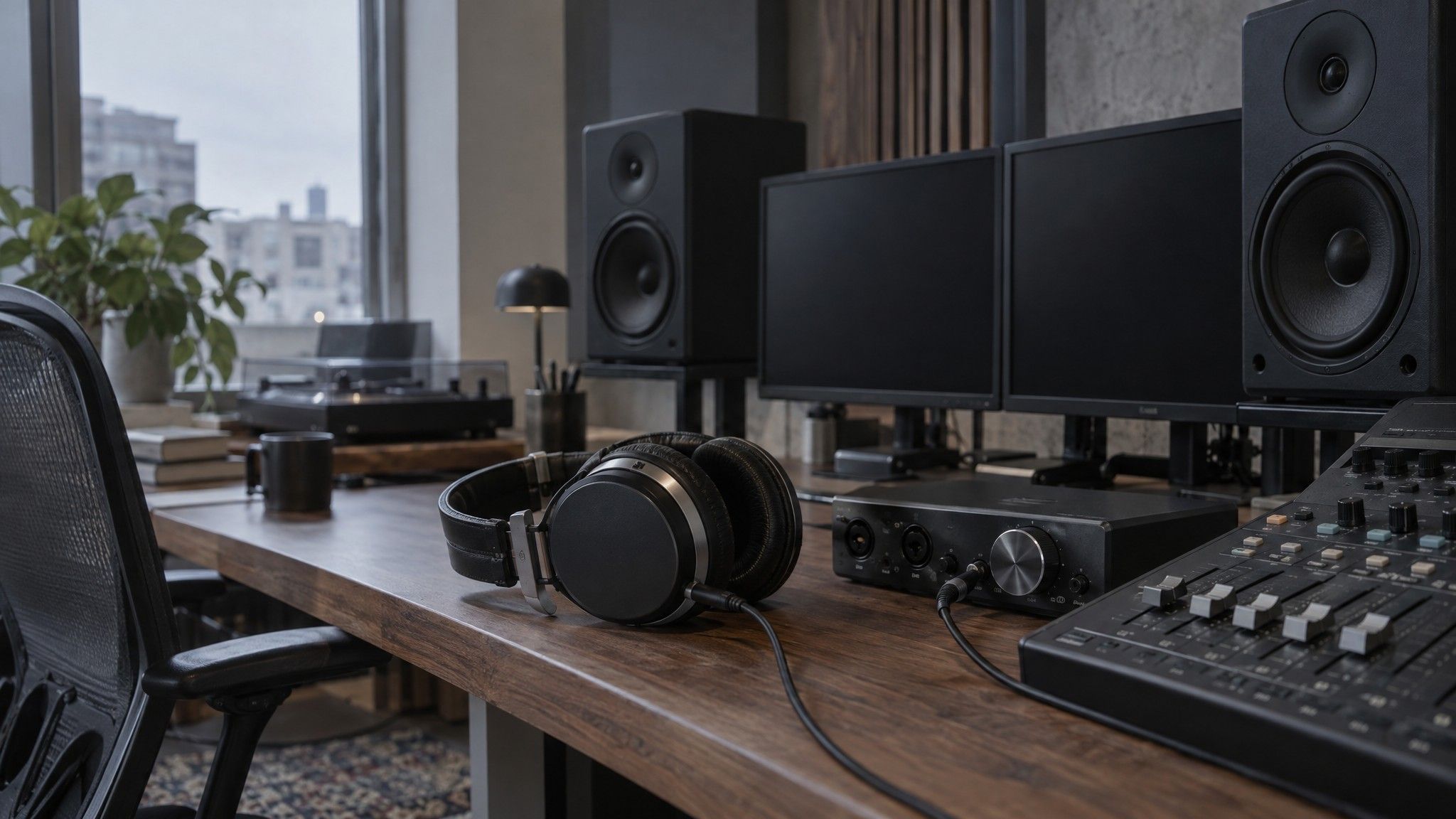Headphones on a studio desk beside an audio interface
