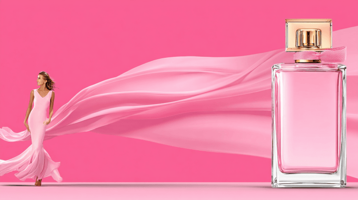 Elegant perfume bottle and flowing pink dress