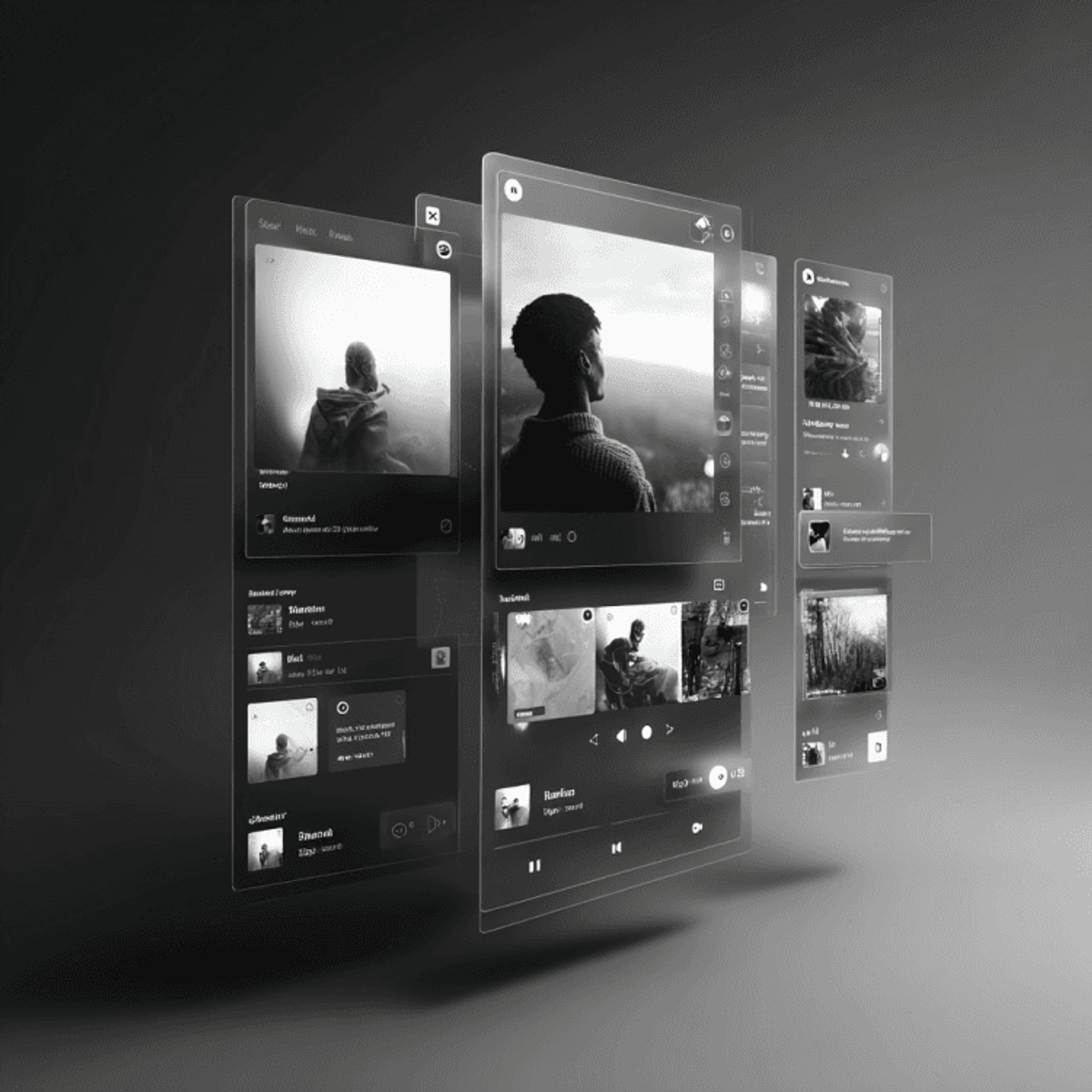 Floating media interface with black and white photos.