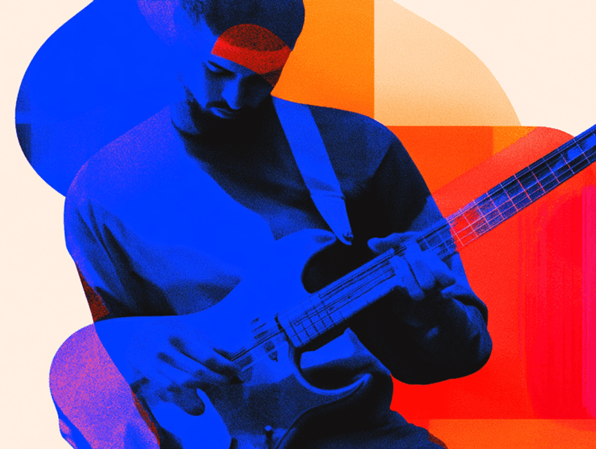 Person playing electric guitar with vibrant colors
