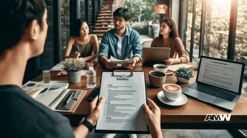 Four people talking around an outdoor wooden table, one holding a clipboard with a CV headed Marketer, with laptops and coffee on the table
