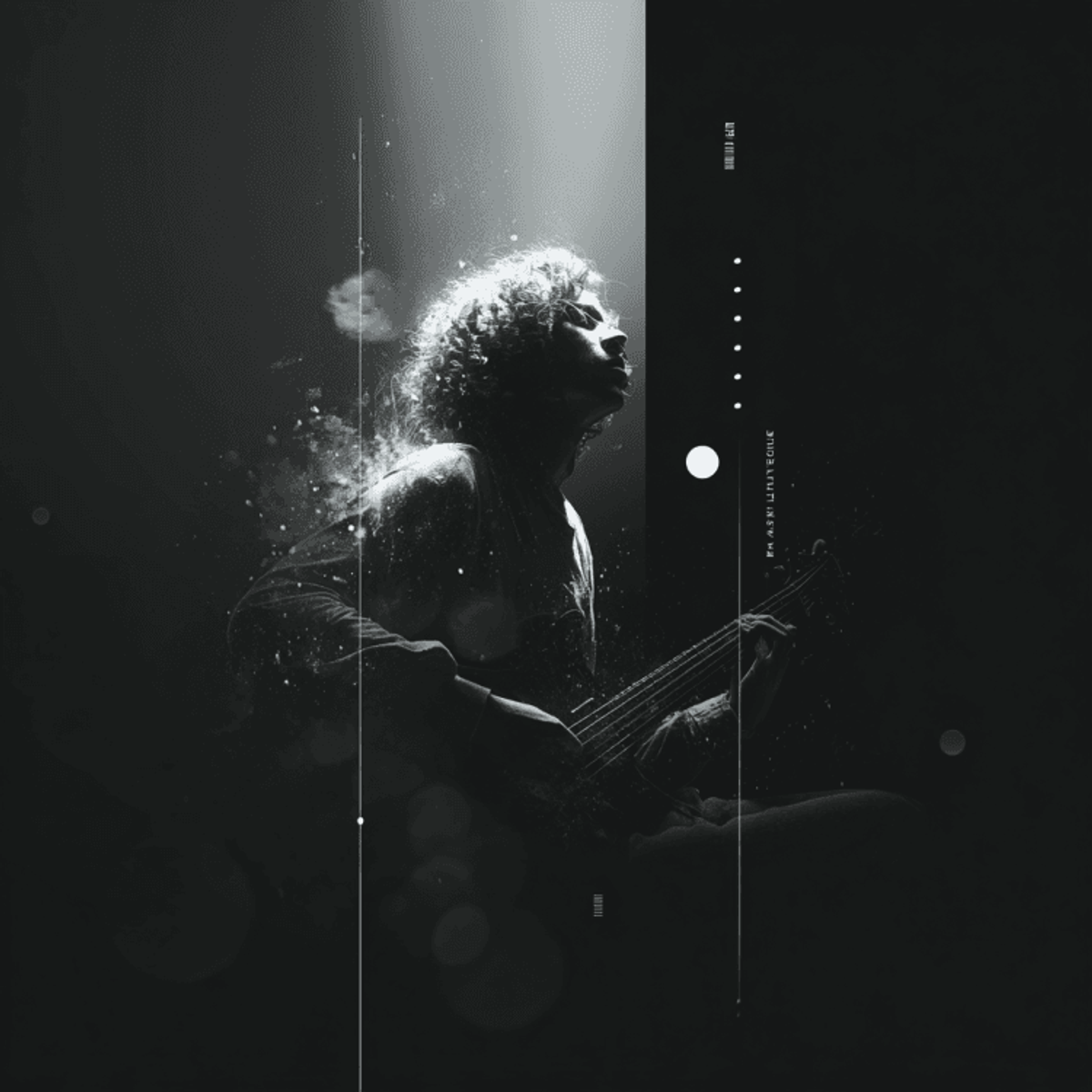 Guitarist playing under dramatic spotlight.