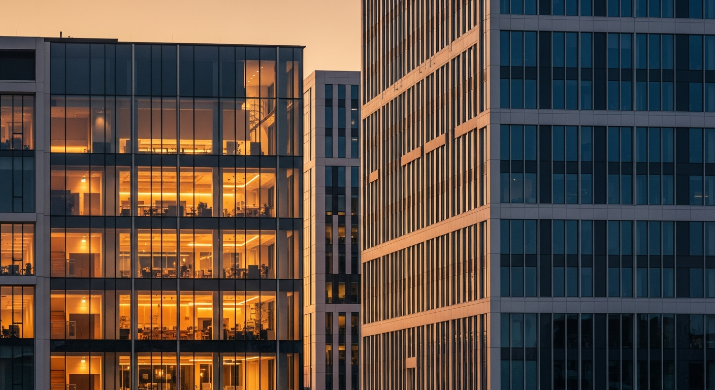Two modern buildings at golden hour with contrasting warm and cool lighting