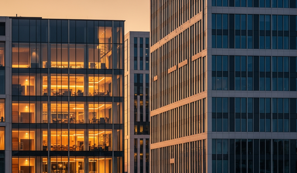 Two modern buildings at golden hour with contrasting warm and cool lighting