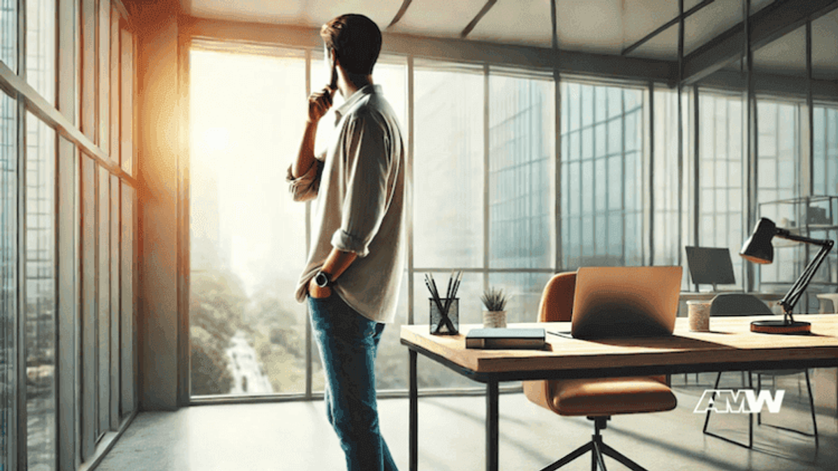 Man in office looking out window