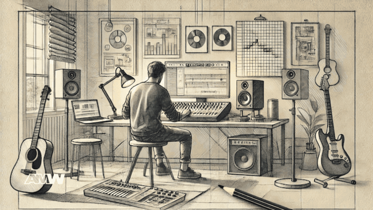 Musician in home recording studio with guitars and speakers.