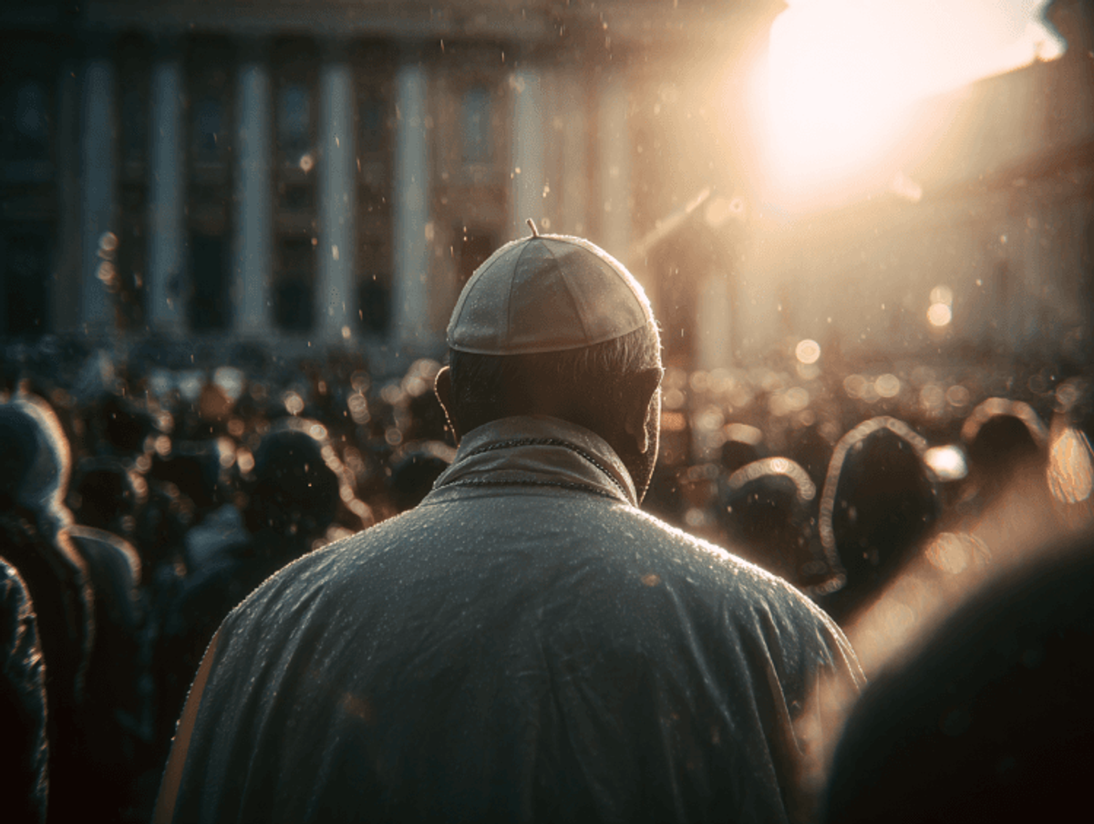 Religious leader addressing a crowd in sunlight.