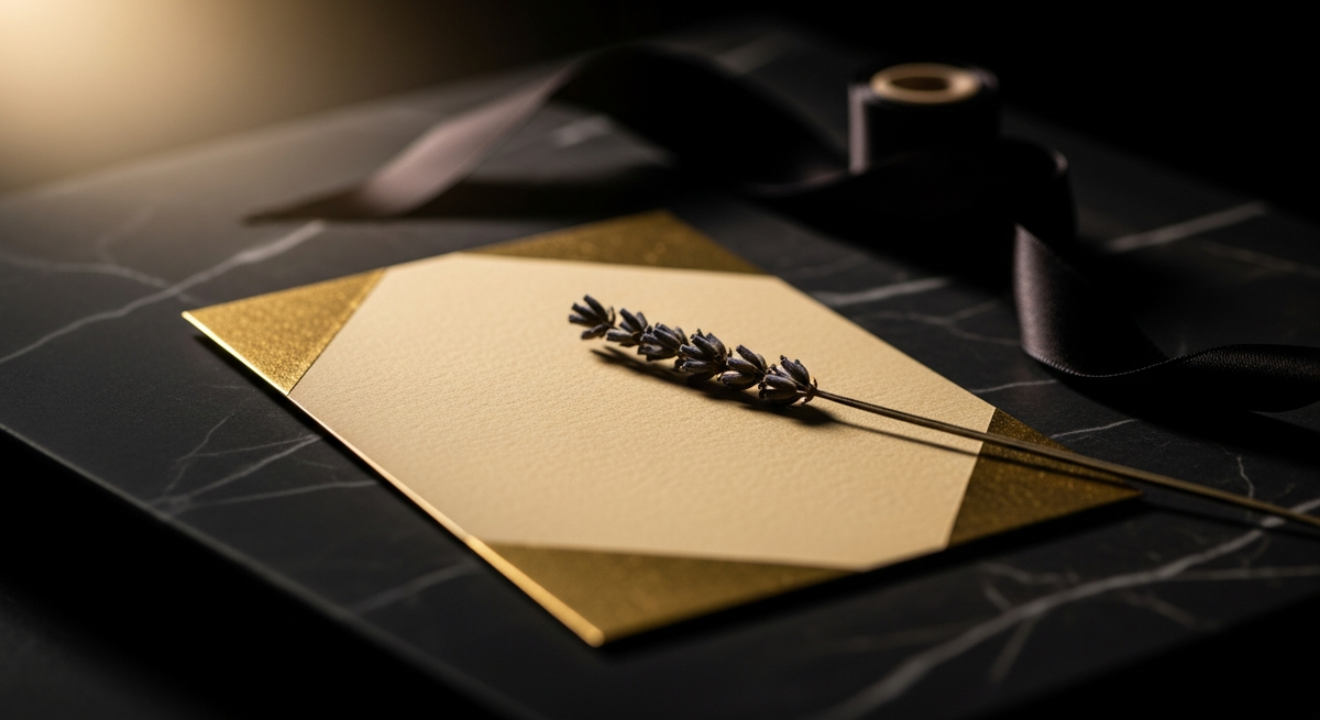 Luxury event invitation with gold foil lettering resting on dark marble surface with warm side lighting