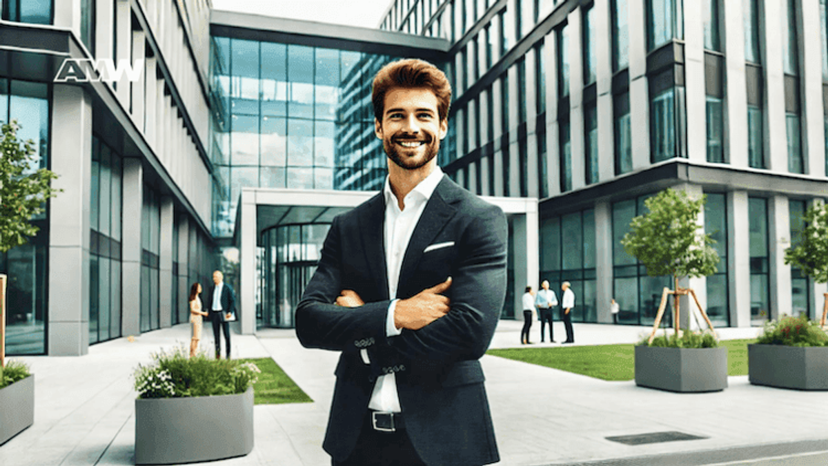Confident businessman outside modern office building.