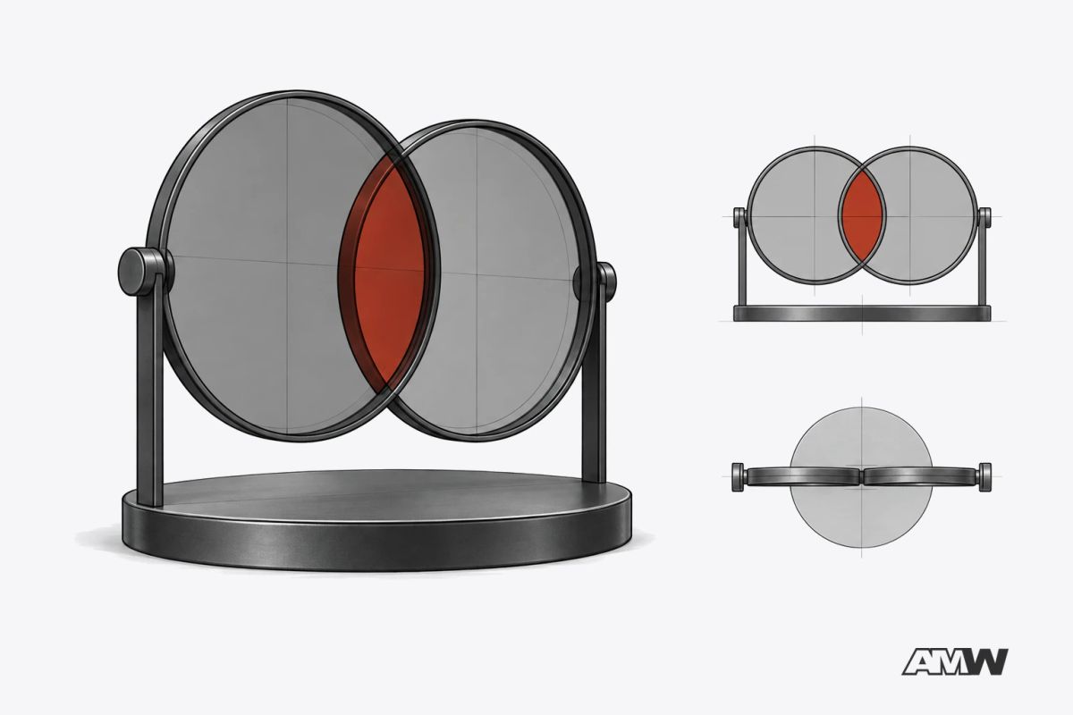Two overlapping round polarizing filters on a stand, the overlap darkened