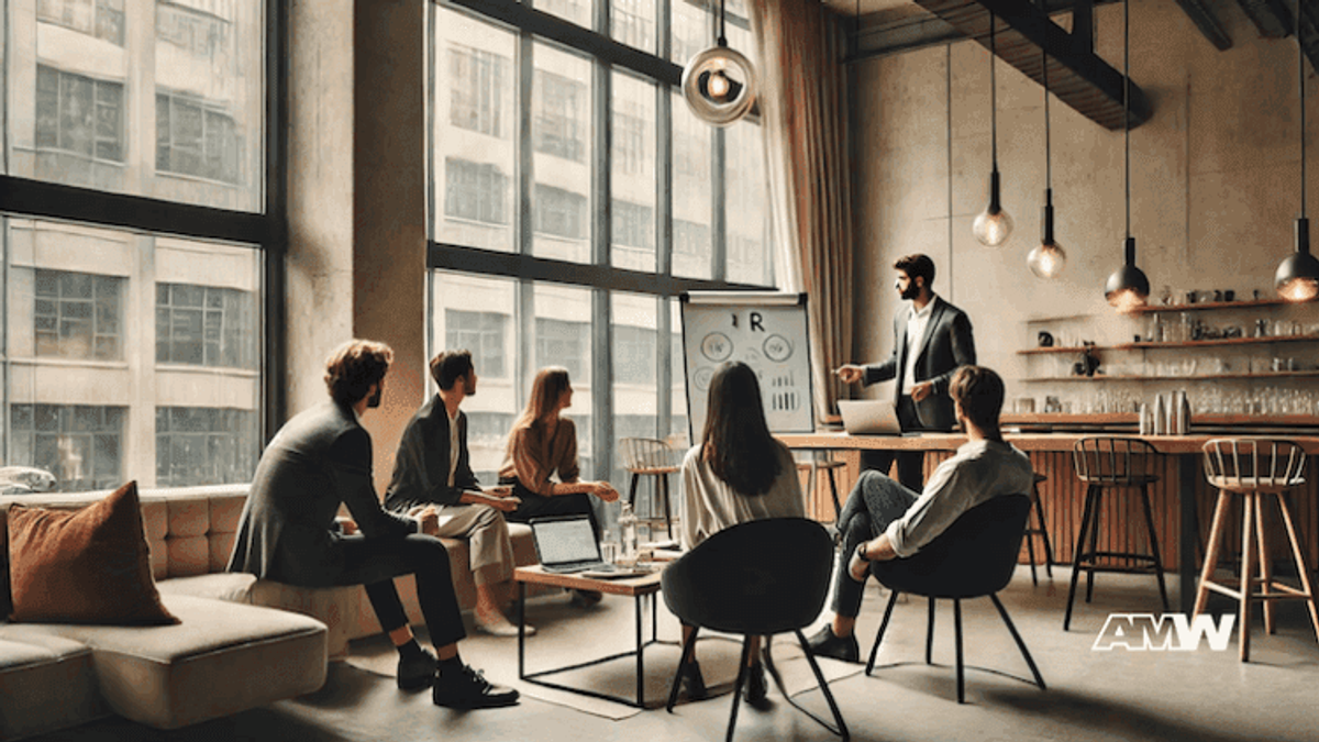 Business meeting with presentation and laptops