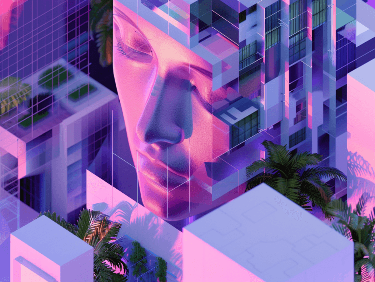 Surreal cityscape with giant abstract face sculpture.