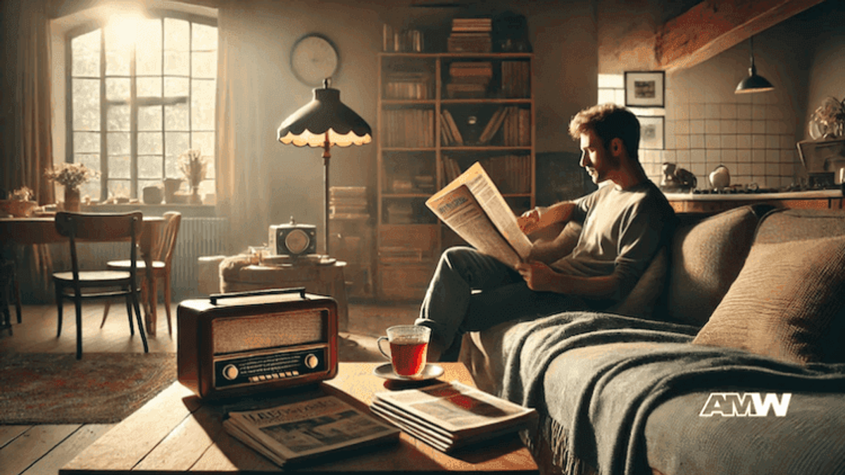 Man reading newspaper in cozy vintage living room.