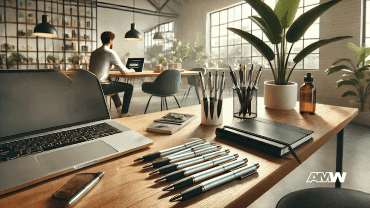 Modern office workspace with laptop, pens, plants