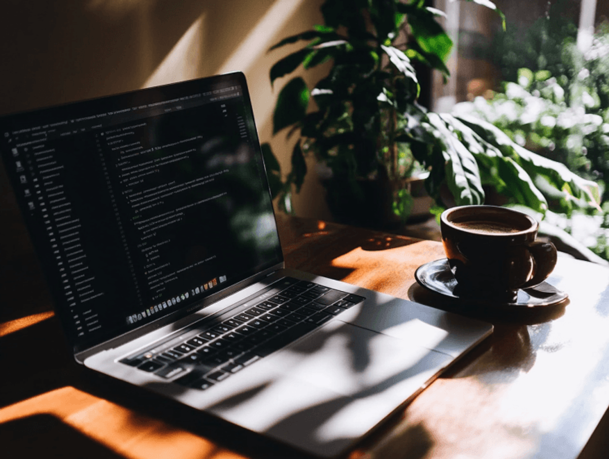Laptop on desk with coffee in sunlight.