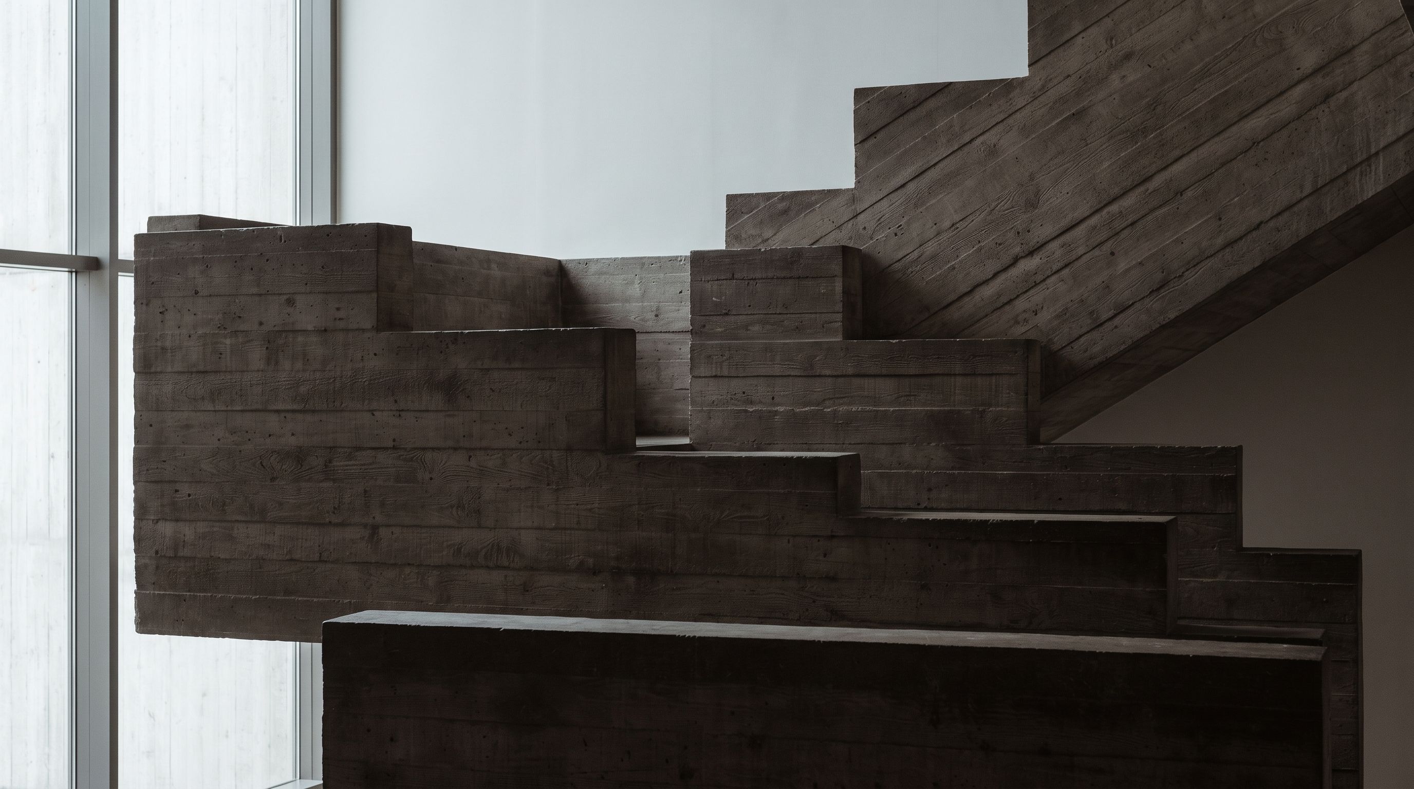 Stacked board-formed concrete landings of a brutalist staircase in soft daylight