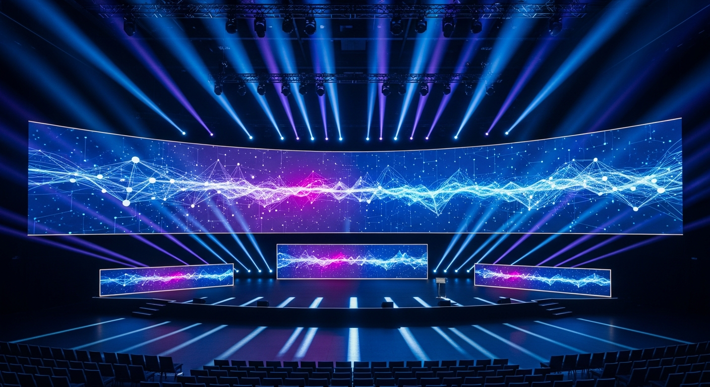 Tech event management - modern conference stage with LED screens and dramatic lighting