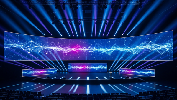 Tech event management - modern conference stage with LED screens and dramatic lighting