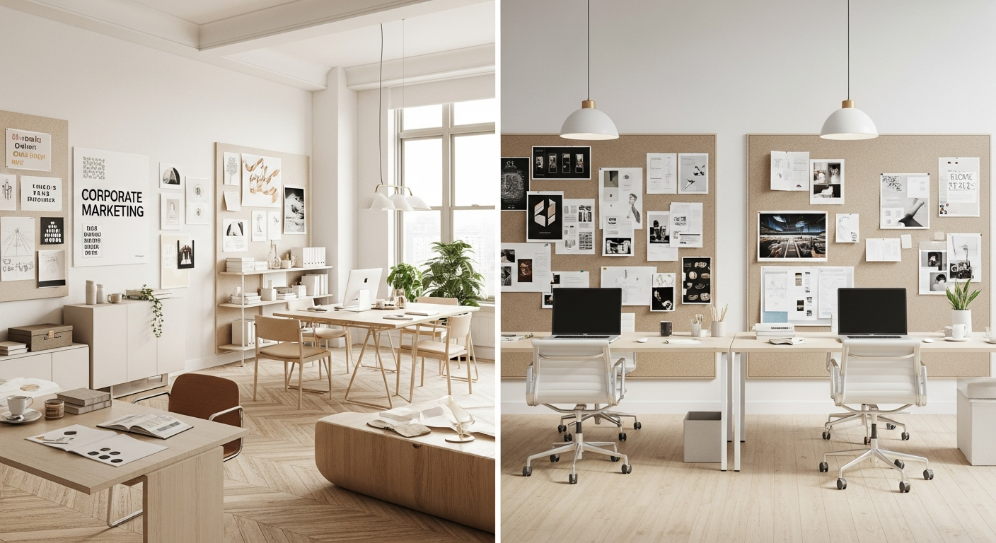 Split view of internal corporate marketing department and external agency creative studio