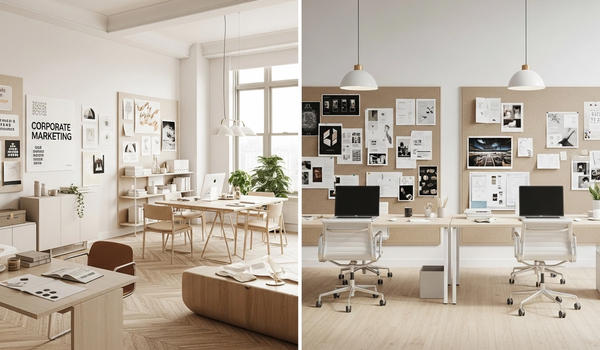 Split view of internal corporate marketing department and external agency creative studio