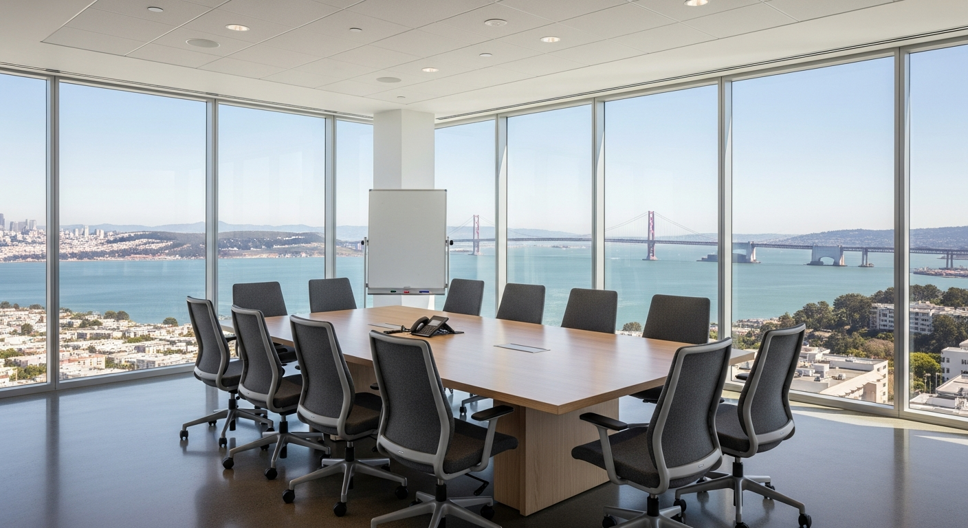 Modern tech conference room with Bay Area views for investor presentations