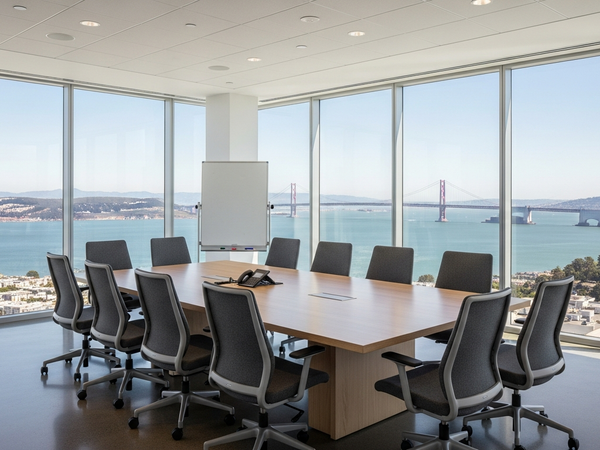 Modern tech conference room with Bay Area views for investor presentations