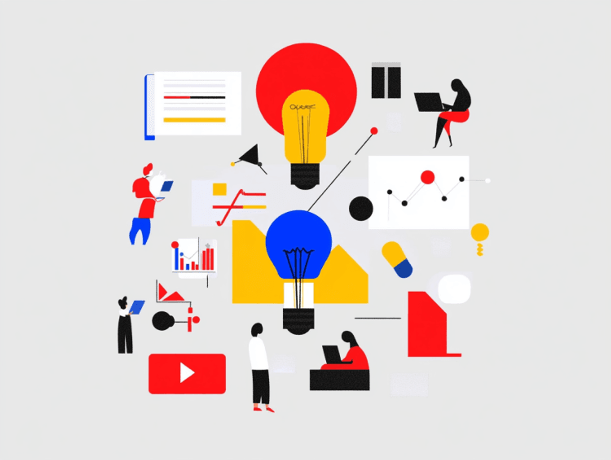 Abstract illustration with technology and business elements.