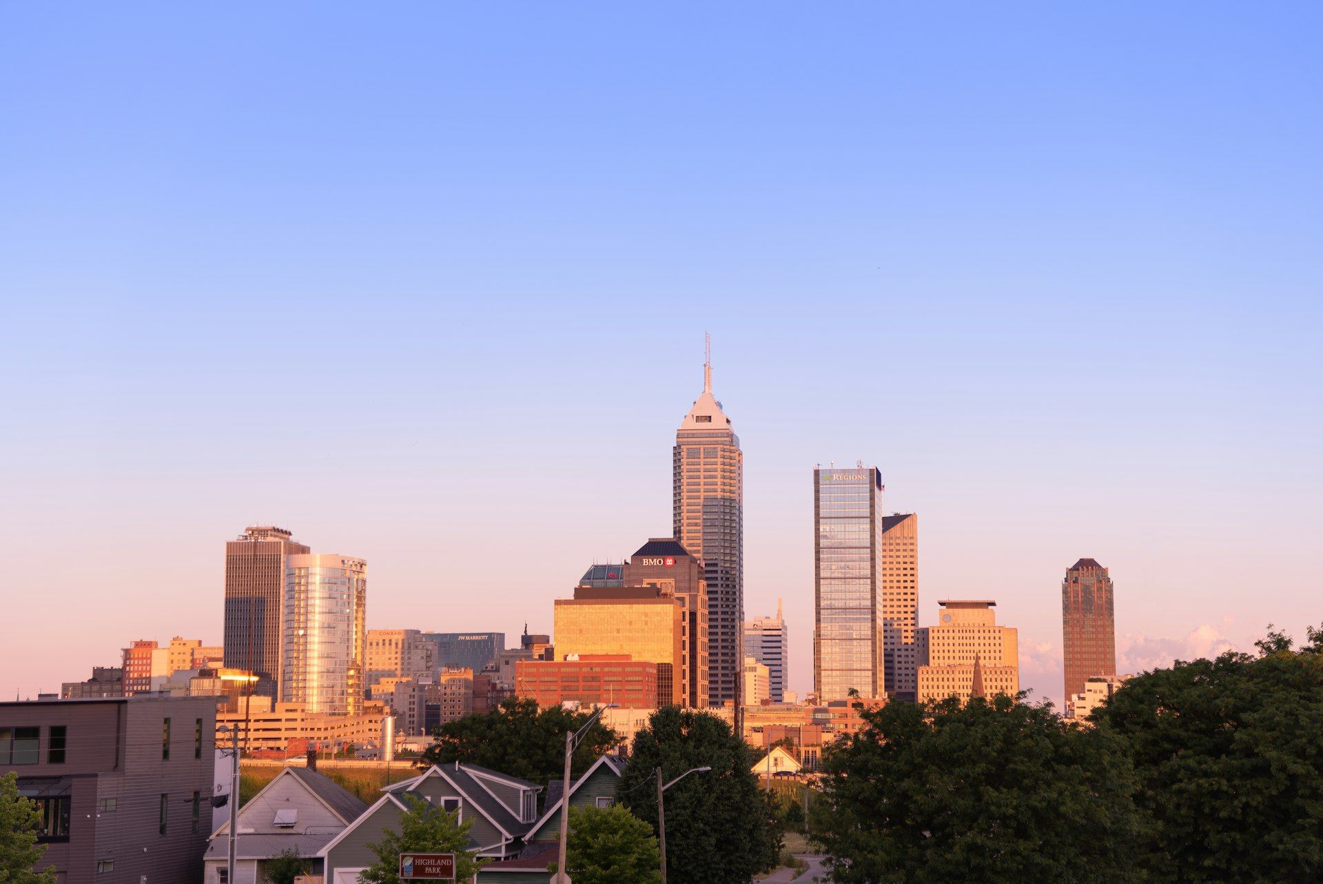 Indianapolis Indiana skyline under blue sky