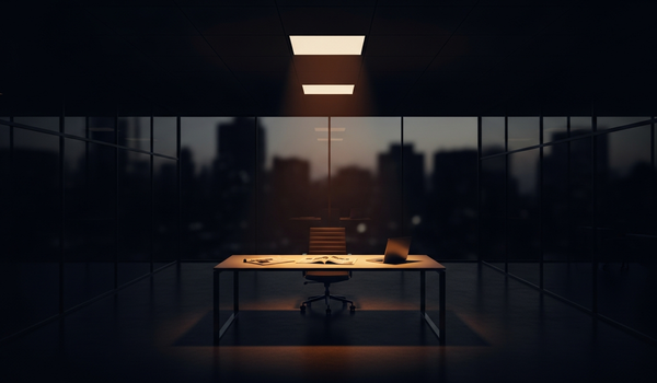 Dark modern newsroom with dramatic lighting at twilight