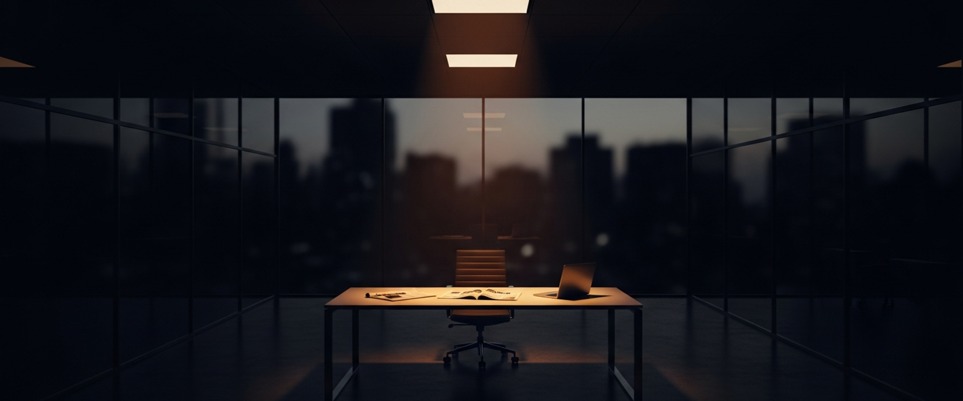 Dark modern newsroom with dramatic lighting at twilight