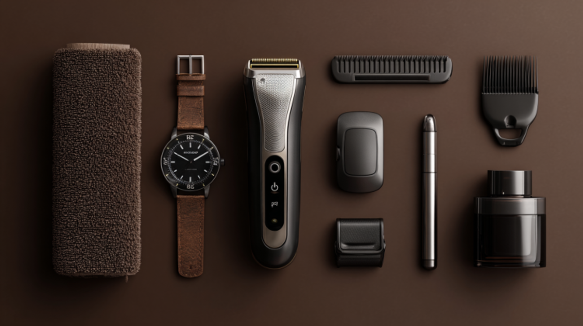 Grooming essentials: razor, watch, towel, perfume, and more.