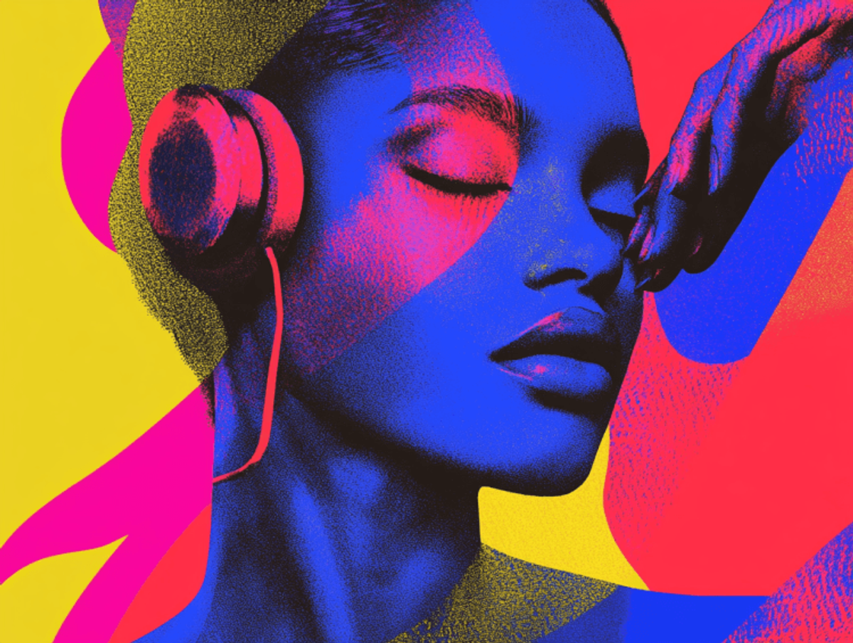 Colorful digital art of woman with headphones