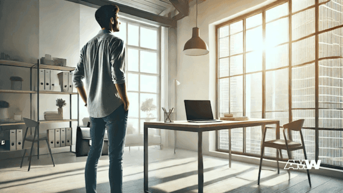 Person standing in modern, sunlit office